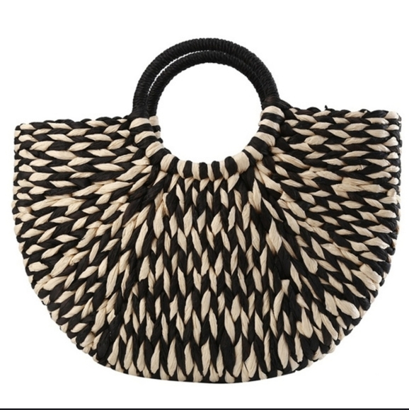 SALE Half Semi Circle Straw Ratan Woven Structured Tote Bag Black Cream Boho - Picture 2 of 10